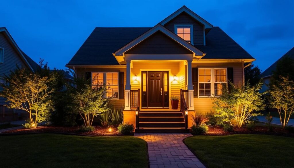 Front of house outdoor lighting ideas featuring a cozy, well-lit entryway with a charming pathway leading to the door. Warm, inviting task lighting illuminates the porch and stairs, while subtle, evenly distributed ambient lighting along the path creates a welcoming atmosphere. Strategically placed spotlights highlight architectural features and landscaping elements, adding depth and visual interest. The lighting is designed to be energy-efficient, using a mix of LED and low-voltage fixtures that cast a soft, natural glow. Overall, the lighting scheme creates a inviting, well-lit front of house that enhances the home's curb appeal and provides a safe, comfortable approach.