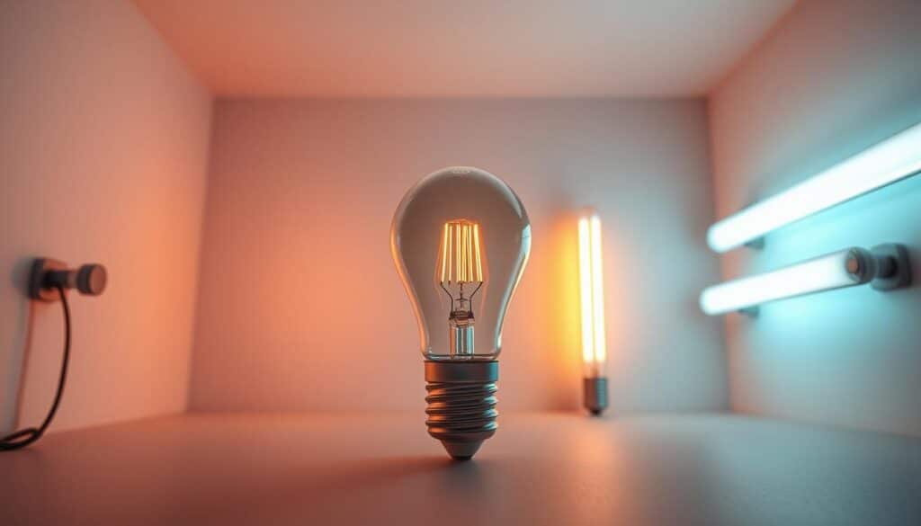 High-quality, vibrant image showcasing color temperature variations across different light sources, captured with a professional camera lens. Warm-toned incandescent bulb, cool-tinted LED, and daylight-balanced fluorescent tubes illuminating a minimalist, monochromatic setting. Crisp focus, dramatic shadows, and precise white balance highlighting the nuanced color temperature shifts. Elegant, modern atmosphere with a touch of scientific curiosity. Meticulous attention to detail in composition and lighting to best illustrate the concept of color temperature.