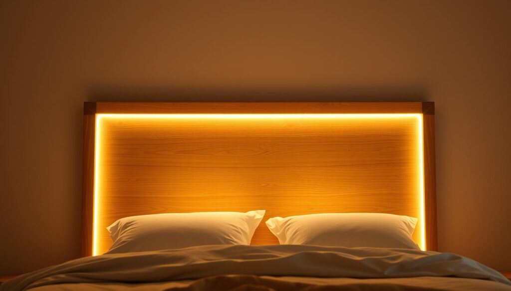 LED strip lighting behind a minimalist, modern wood headboard, casting a warm, ambient glow throughout the bedroom. The headboard is made of light-colored oak, with the LED strips recessed and evenly spaced along the top and sides, creating a serene, cozy atmosphere. The room is dimly lit, with the LED strips as the primary source of illumination, casting a soft, golden light that highlights the natural texture of the wood. The camera angle is slightly elevated, capturing the full height of the headboard and showcasing the elegant, understated design. The overall mood is one of relaxation and comfort, perfect for a restful night's sleep.