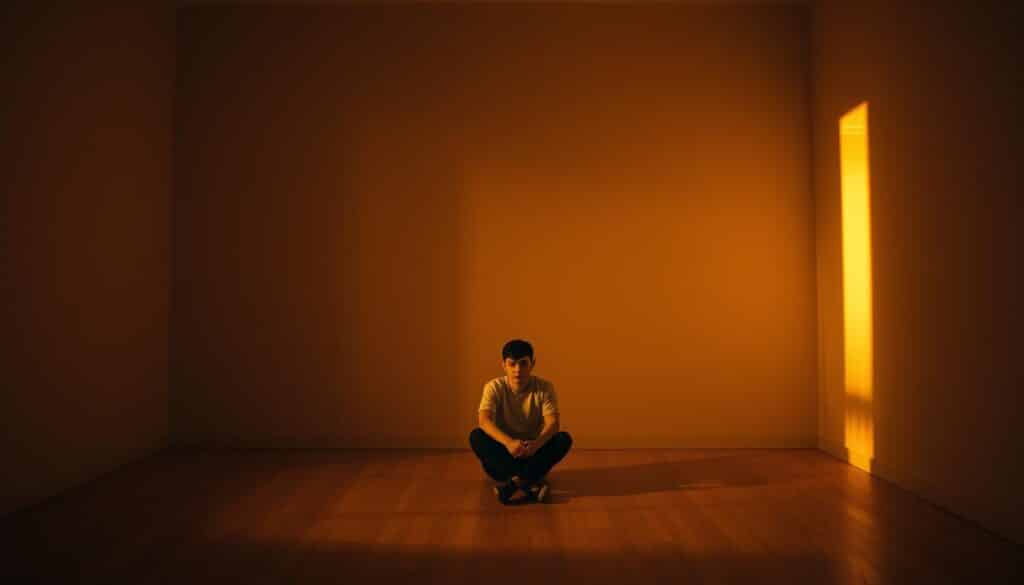 Psychological Effects of Light: A Captivating Visual Exploration A tranquil, dimly lit room where subtle, warm hues cast a calming glow, enveloping the space in a sense of comfort and introspection. Soft shadows dance across the walls, creating a mesmerizing play of light and shadow that evokes a pensive, reflective mood. In the center, a lone figure sits quietly, their expression thoughtful, as they contemplate the nuances of light's impact on the psyche. The scene is meticulously captured through a medium-wide angle lens, allowing the viewer to fully immerse themselves in the profound, yet serene, atmosphere.