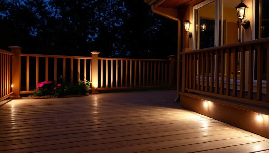 Warm and inviting deck at dusk, with strategically placed recessed lighting illuminating the wooden planks and surrounding flower beds. Soft, diffused lighting from decorative sconces highlights the ornate railings, creating a cozy, intimate atmosphere. Subtle uplighting from below the deck's edge casts a gentle glow, accentuating the natural textures of the wood. A mix of ambient and directional lighting techniques, utilizing a combination of LED and halogen bulbs, creates depth and dimension, guiding the viewer's eye through the serene outdoor space.